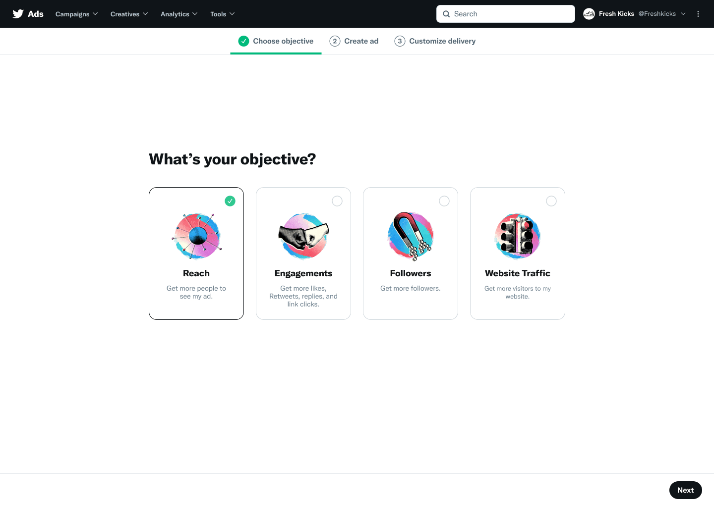 Objective selection screen with four icon-based cards: Followers, Website clicks, App installs, and Engagements