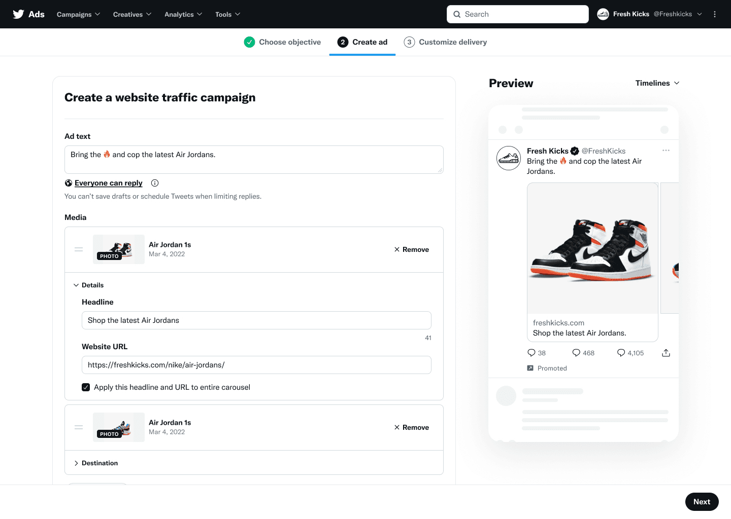 Ad creation interface with Tweet composer on left and live mobile preview on right showing real-time updates