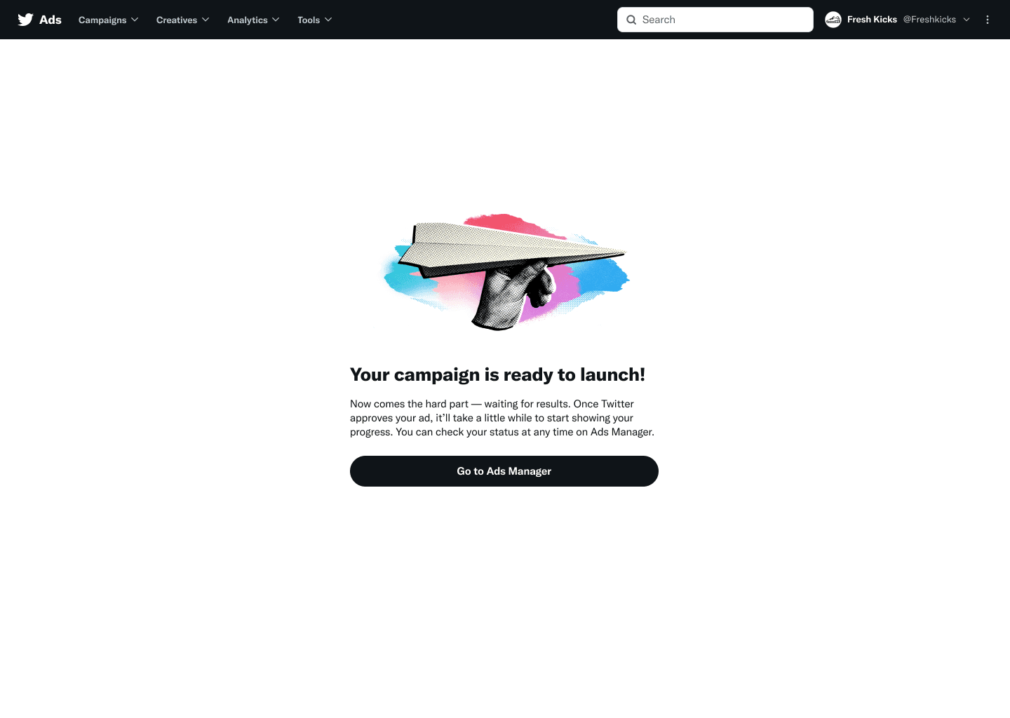 Campaign launch review screen showing summary of objective, creative, targeting, budget with edit links and confirm button