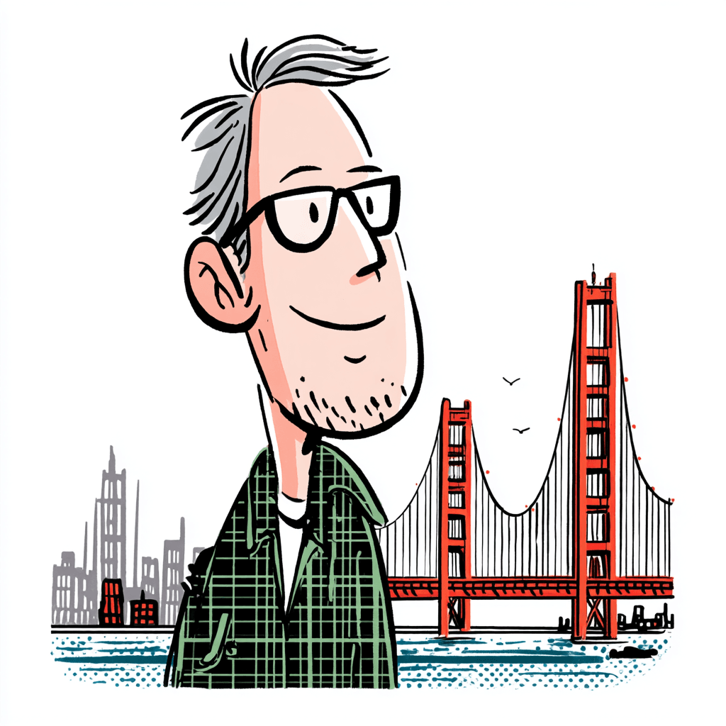 Illustration of a man with glasses standing in front of the Golden Gate Bridge
