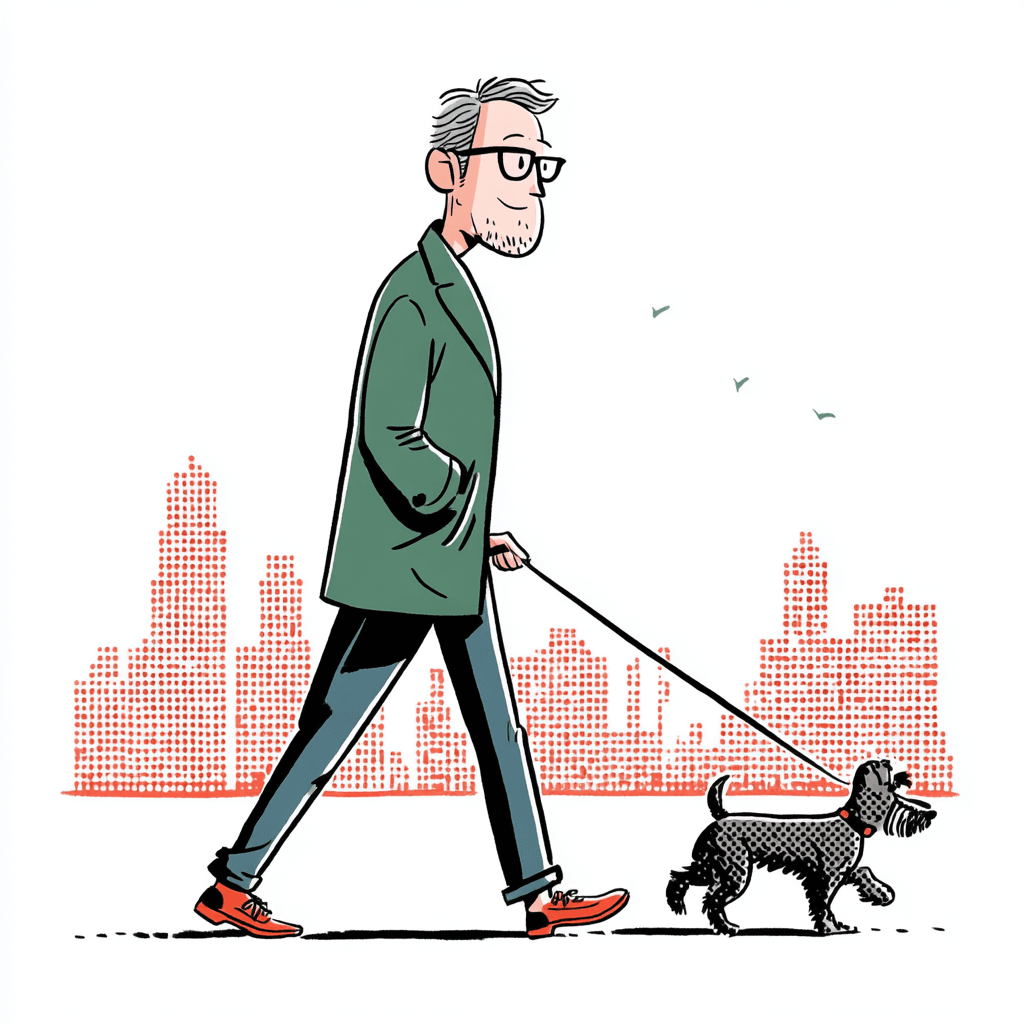 Illustration of a man walking a dog with the Chicago skyline in the background