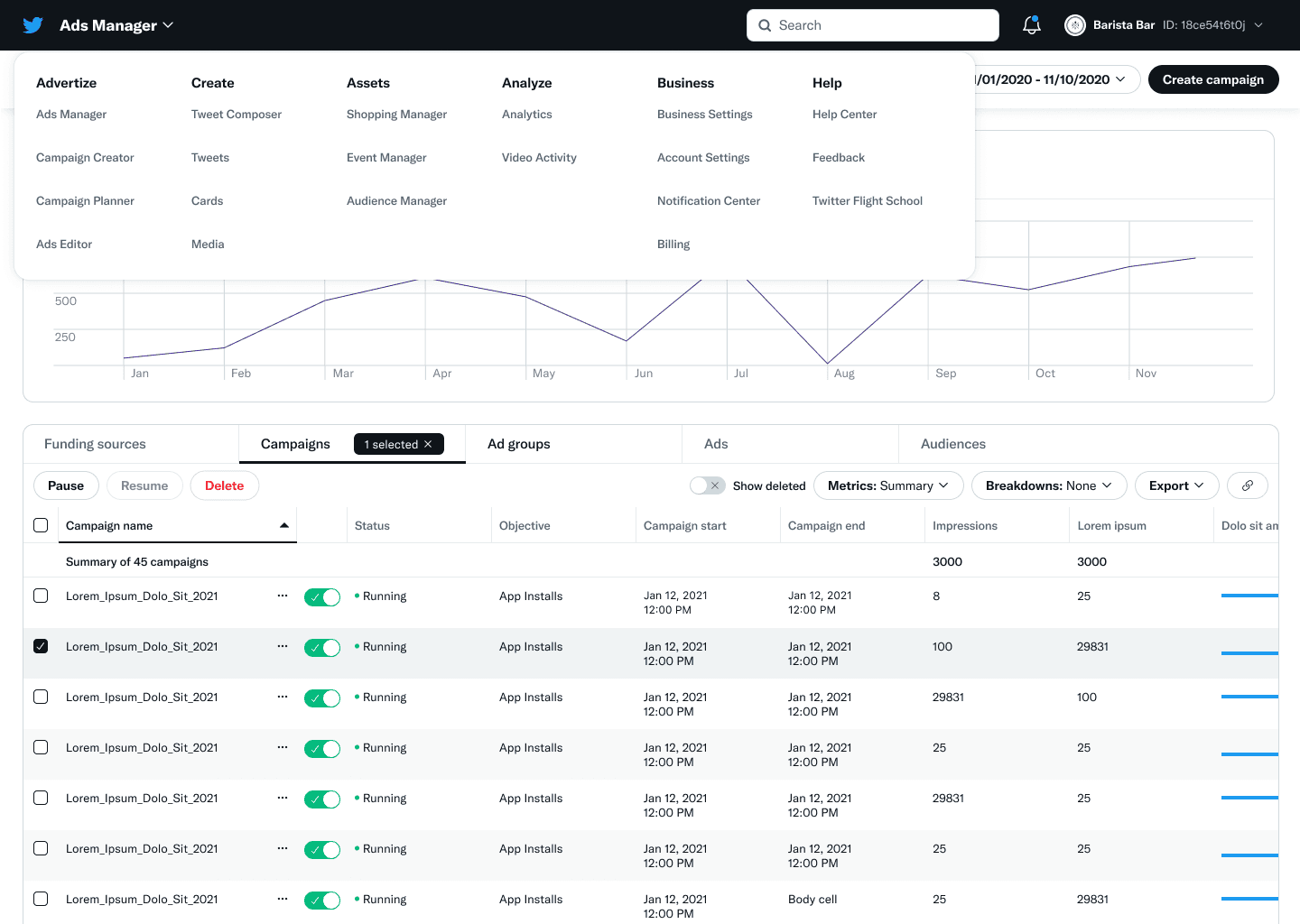 The redesigned global navigation open in Ads Manager, showing a structured product menu with links to Shopping Manager, Business Settings, and other professional tools.