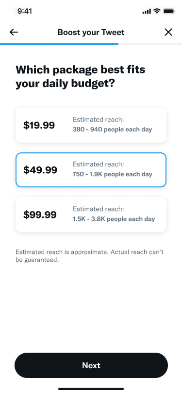 Mobile budget selection screen with slider control, duration picker, and estimated reach preview