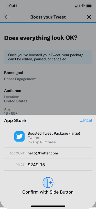 Mobile in-app payment sheet with pricing packages, Apple Pay button, and terms acknowledgment