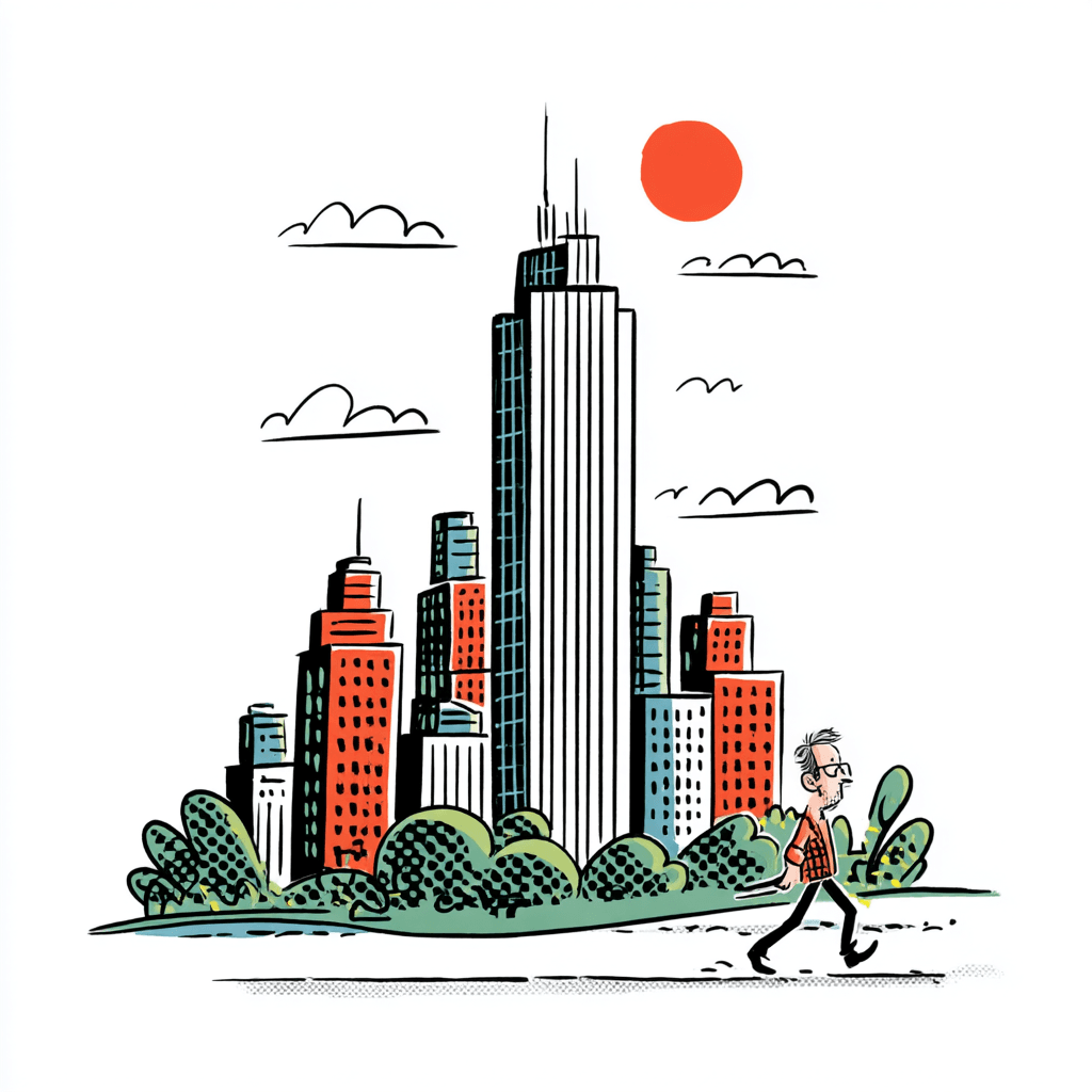 An illustration of a confident city skyline with one dominant skyscraper rising above the rest, a person walking purposefully in the foreground, and a red sun overhead.
