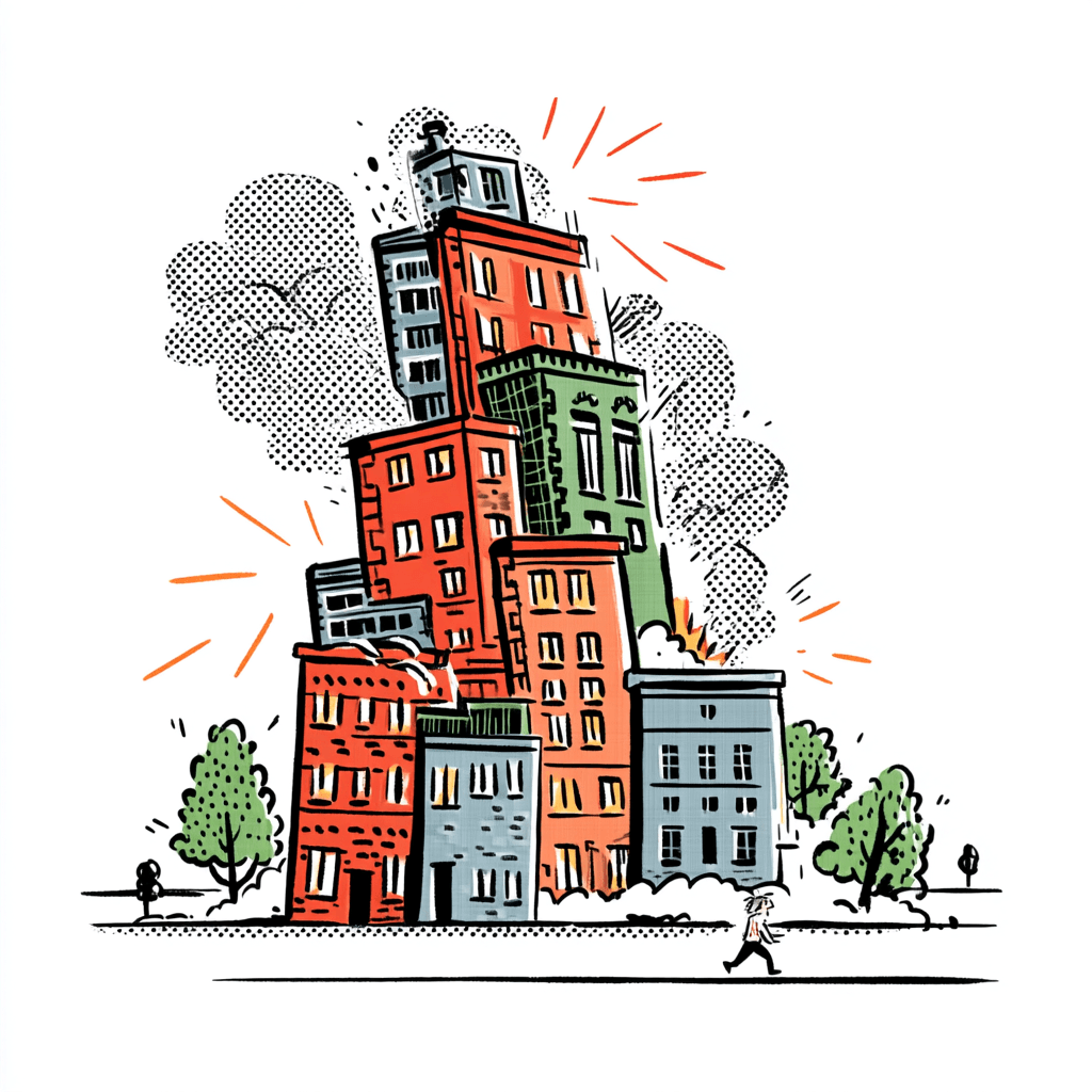 An illustration of a precarious tower of mismatched, colorful buildings stacked haphazardly on top of each other, with sparks and small explosions at the seams, while a single pedestrian walks past completely unfazed.