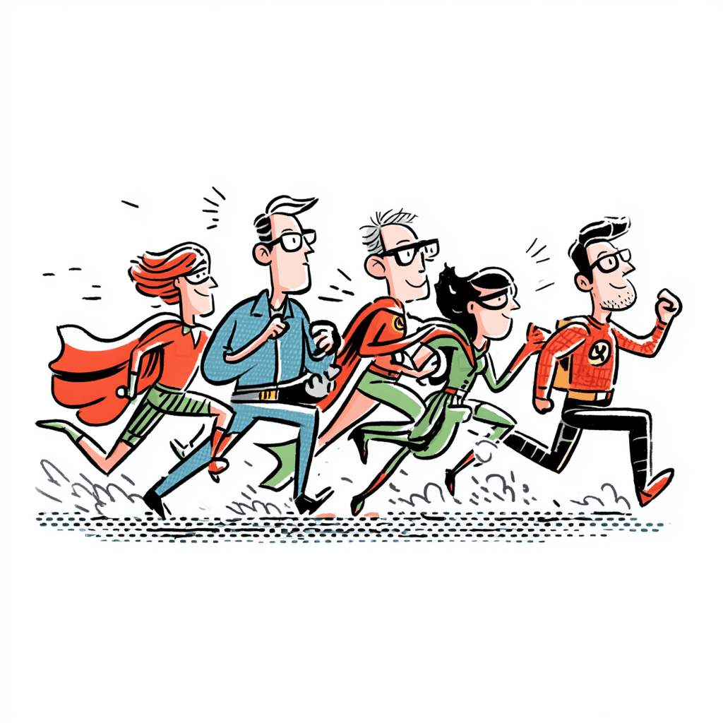 An illustration of five people running together — a mix of office workers and costumed superheroes — moving as a coordinated team rather than a collection of individuals.