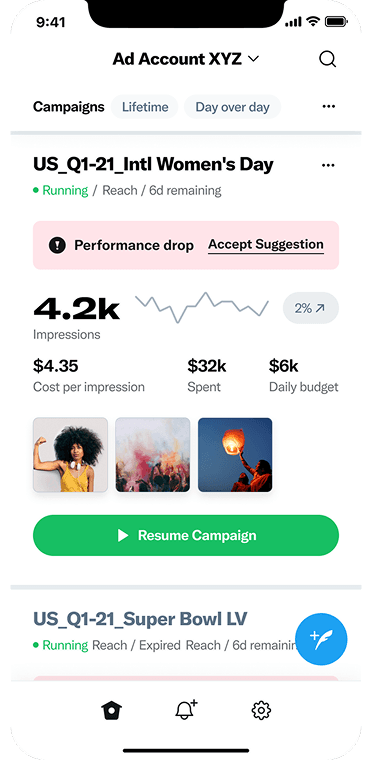 Mobile campaign management card showing a performance drop alert with a one-tap Accept Suggestion action and a prominent Resume Campaign button