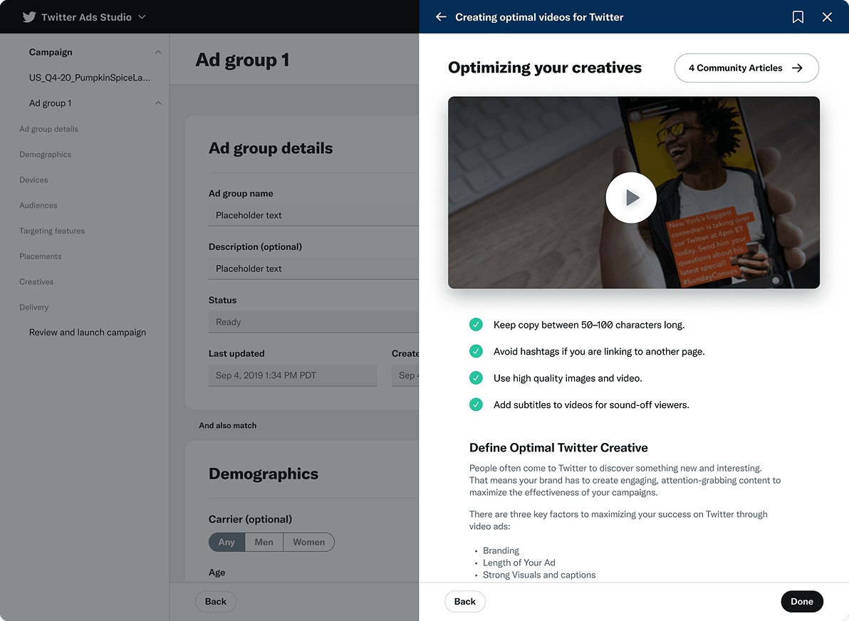 Desktop Twitter Ads Studio ad group details screen with an in-context help panel open, showing a tutorial video and creative best practices for optimizing ads without leaving the workflow