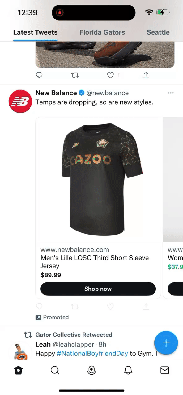 Animated Twitter feed showing a multi-product carousel ad with individual product cards displaying images, prices, and shop now buttons