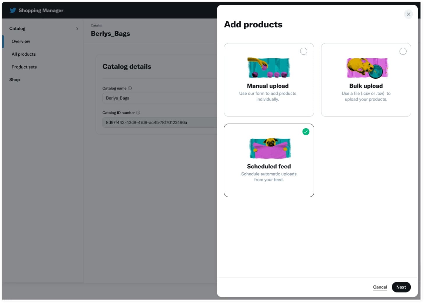 Scheduled product catalog import settings with frequency selector, time picker, and sync history