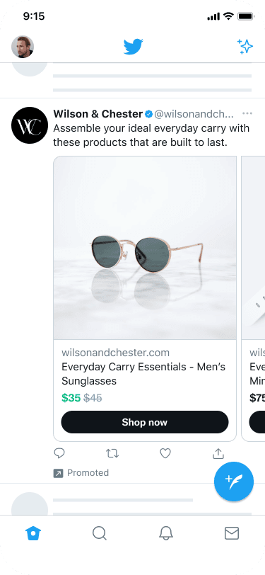 Mobile Twitter feed showing Dynamic Product Ad with multi-product carousel displaying individual items with pricing and Shop Now buttons