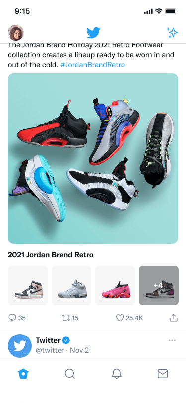 Mobile Twitter feed showing Collection Ad format with grid of product images and immersive browse experience