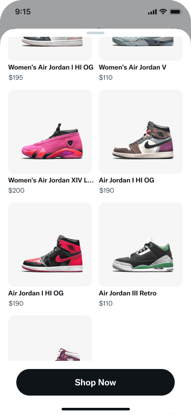 Collection Ad expanded to full-screen modal with detailed product browsing, filtering, and shop now actions