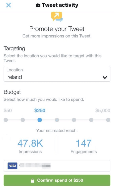 Budget selection screen with radio button options and total amount display