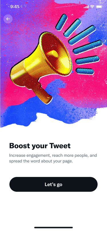 Mobile Quick Promote goal selection with illustrated cards for Followers, Tweet engagement, and Website visits