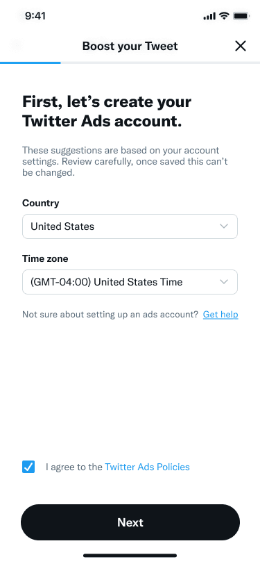 Mobile objective picker showing three campaign goal options with icons and descriptive help text