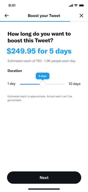 Mobile budget selection with slider control, duration picker, and estimated results showing impressions and engagement