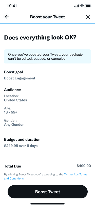 Mobile review screen with Tweet preview, audience summary, budget details, and Boost Tweet button