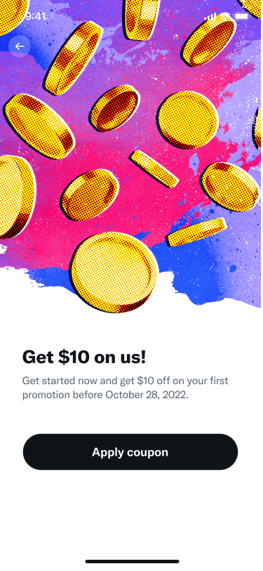 Promotional banner at top of Quick Promote flow highlighting $10 welcome credit with Redeem Now button