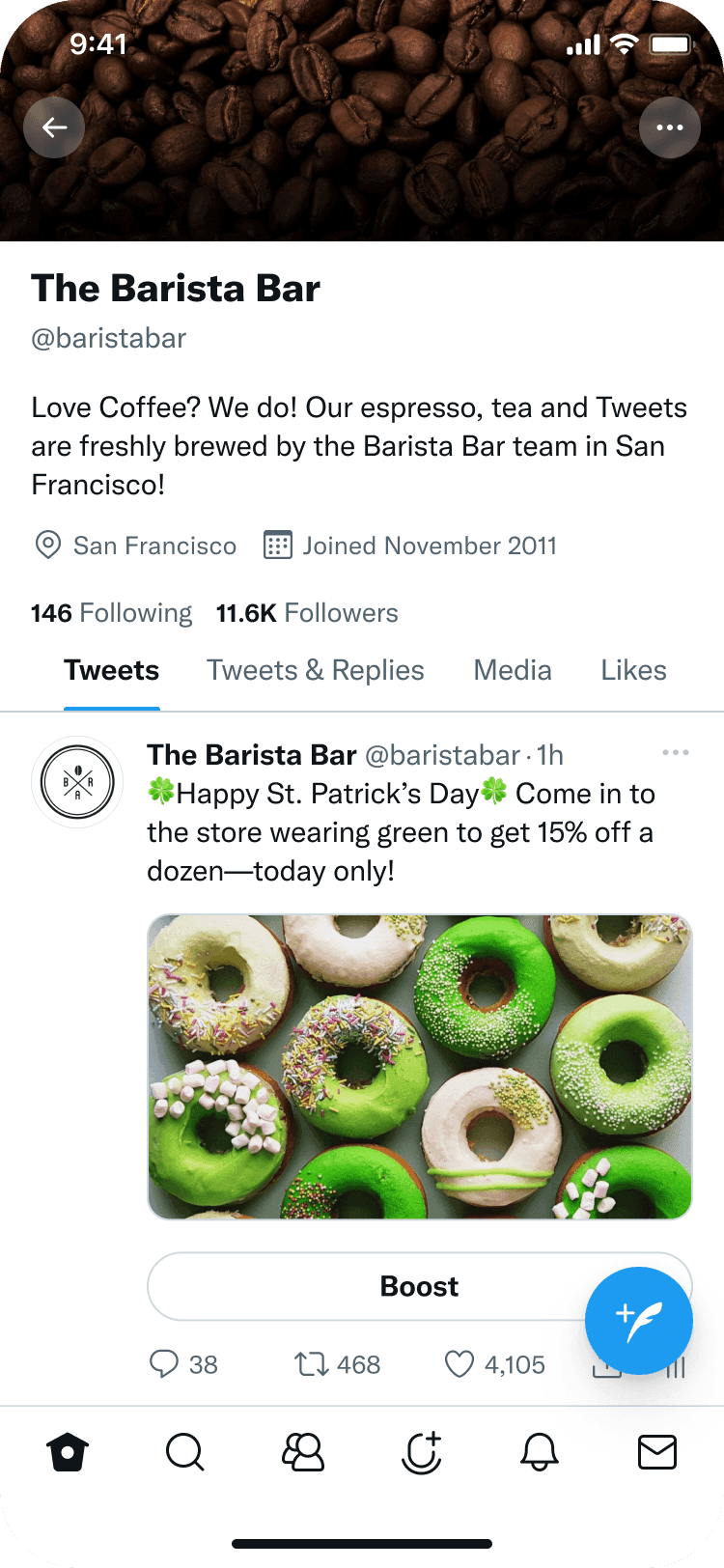 Tweet detail view with Boost Your Tweet button positioned below engagement stats and above replies