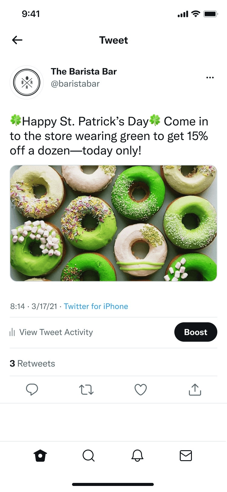 Tweet overflow menu displaying Boost Tweet option alongside analytics and sharing actions