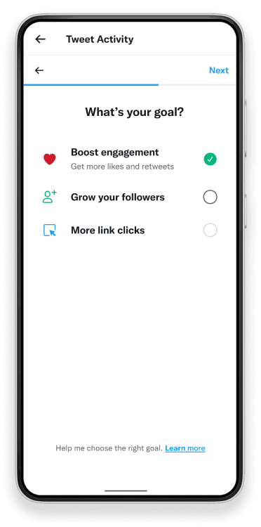 Campaign objective screen with icon-based cards for Followers, Tweet engagement, and Website visits goals