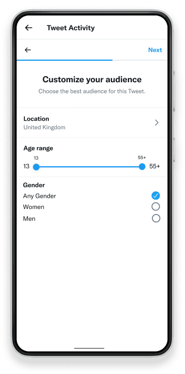 Audience targeting interface with location selector, gender options, and interest category chips