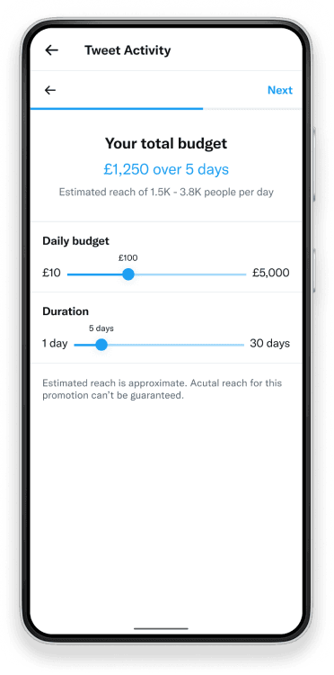 Budget and duration settings with slider controls, calendar picker, and estimated results preview