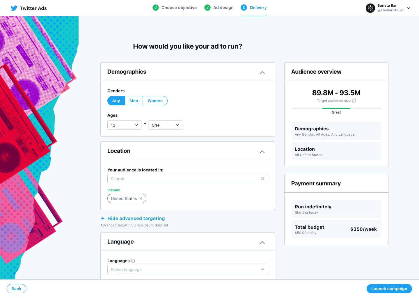 Desktop interface showing Simple Ads campaign creation with streamlined objective selection, reduced form fields, and progressive disclosure pattern