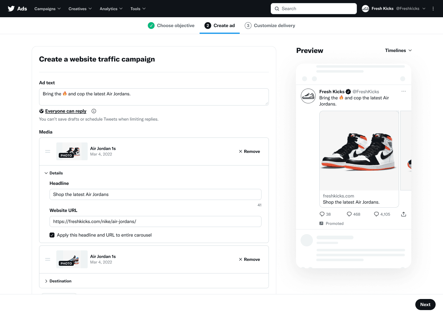 Desktop interface showing streamlined Simple Ads workflow with objective selection, ad preview, and simplified targeting controls