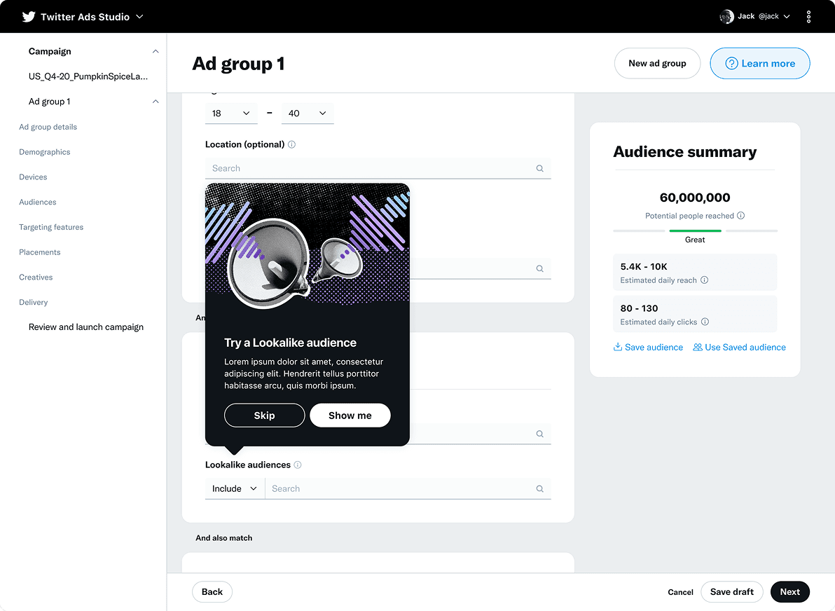 Desktop Twitter Ads Studio showing a 'Try a Lookalike Audience' contextual suggestion modal during the audience targeting step, with an audience summary card showing 60 million potential reach