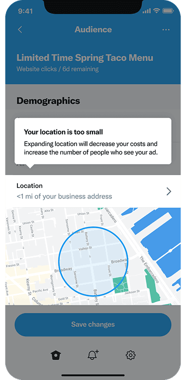 Mobile audience targeting screen for a local restaurant campaign showing a proactive recommendation to expand a too-small location radius, with a live map view of the current targeting area