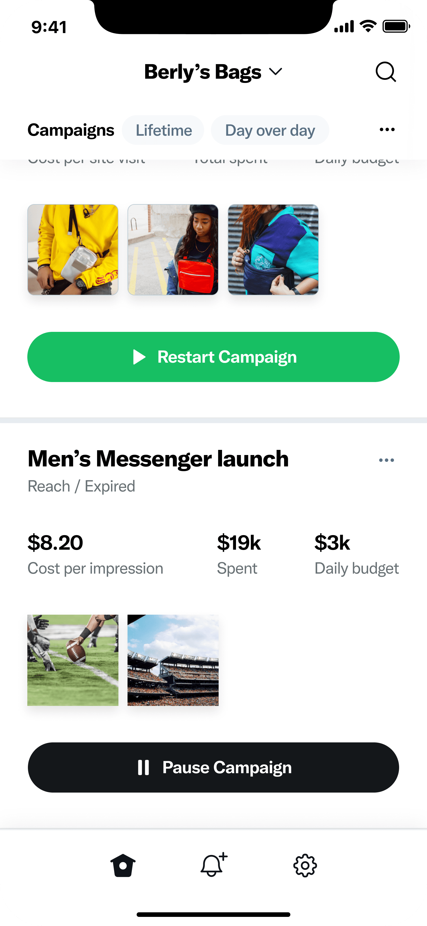 Mobile campaign list scrolled to show creative thumbnails, Restart Campaign button, and Men's Messenger launch with spend metrics