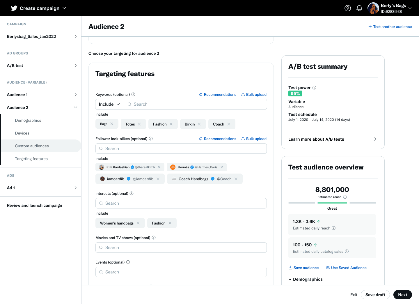 Campaign creation audience targeting with keyword tags, follower look-alike handles, A/B test summary, and estimated reach panel