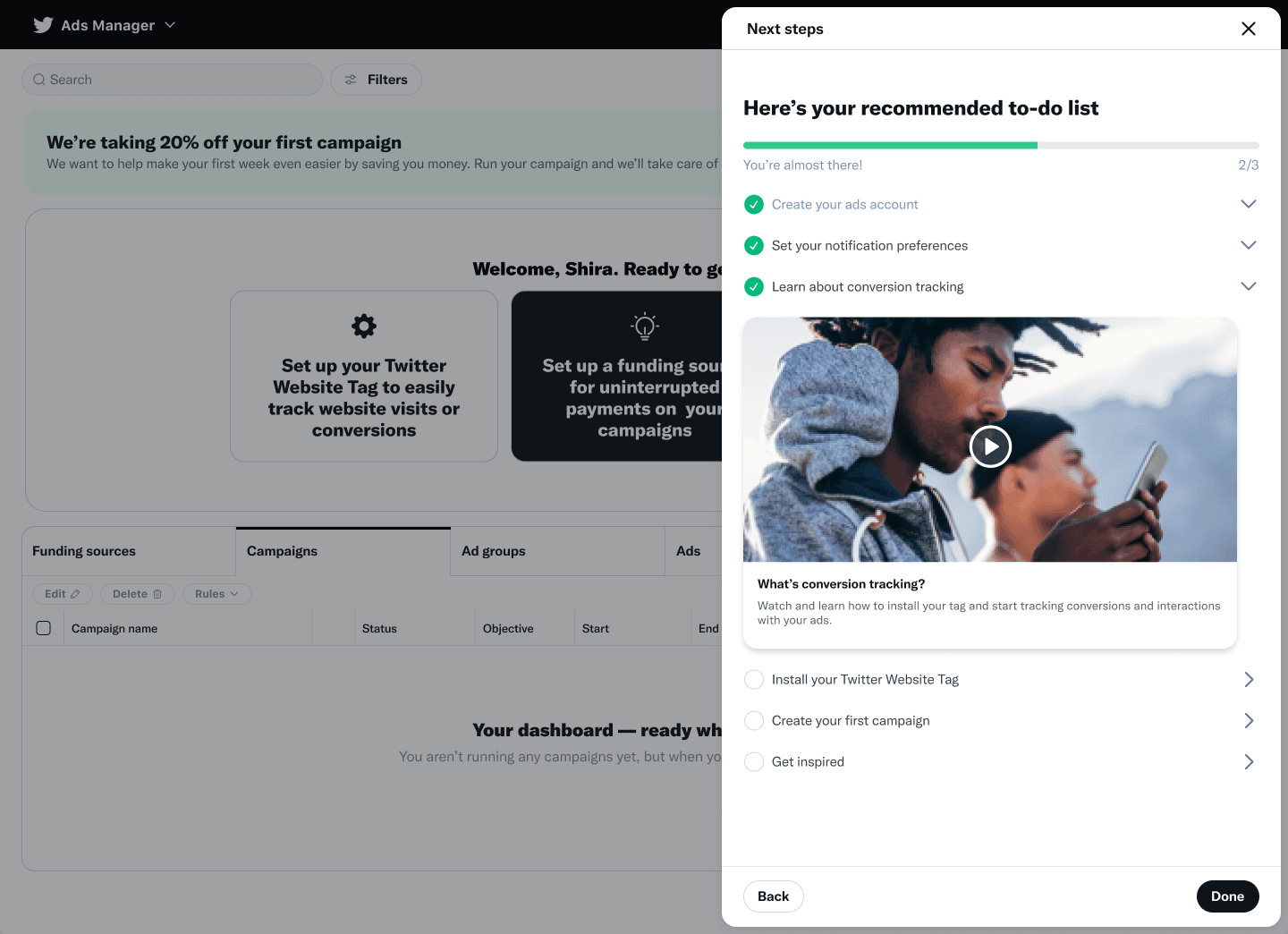 New advertiser onboarding with recommended to-do list, conversion tracking video, and setup checklist progress bar