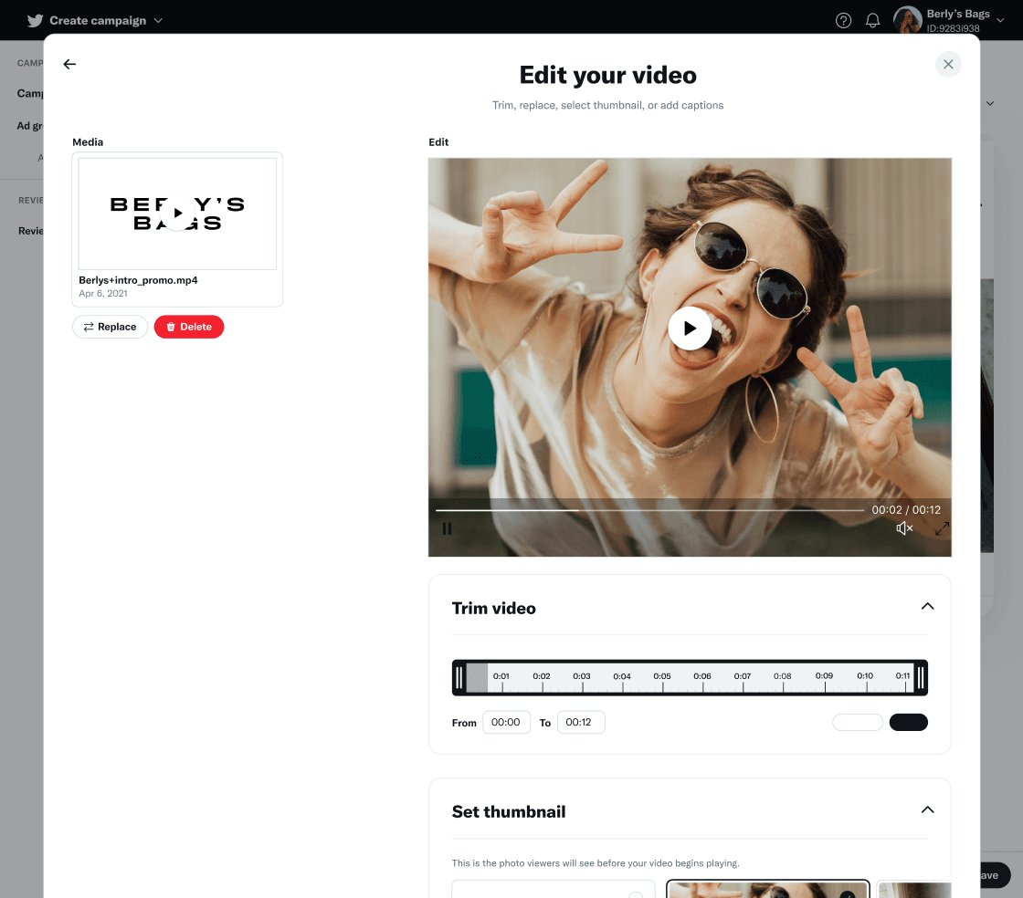 In-line video editor with trim timeline, thumbnail selector, media library panel, and campaign creation sidebar