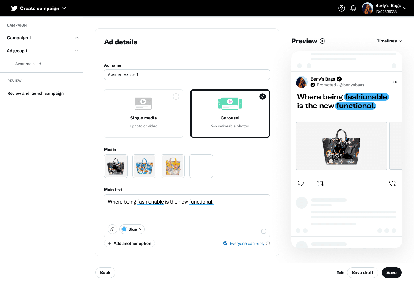 Ad details form with carousel format selected, media thumbnails, main text input, and live tweet preview