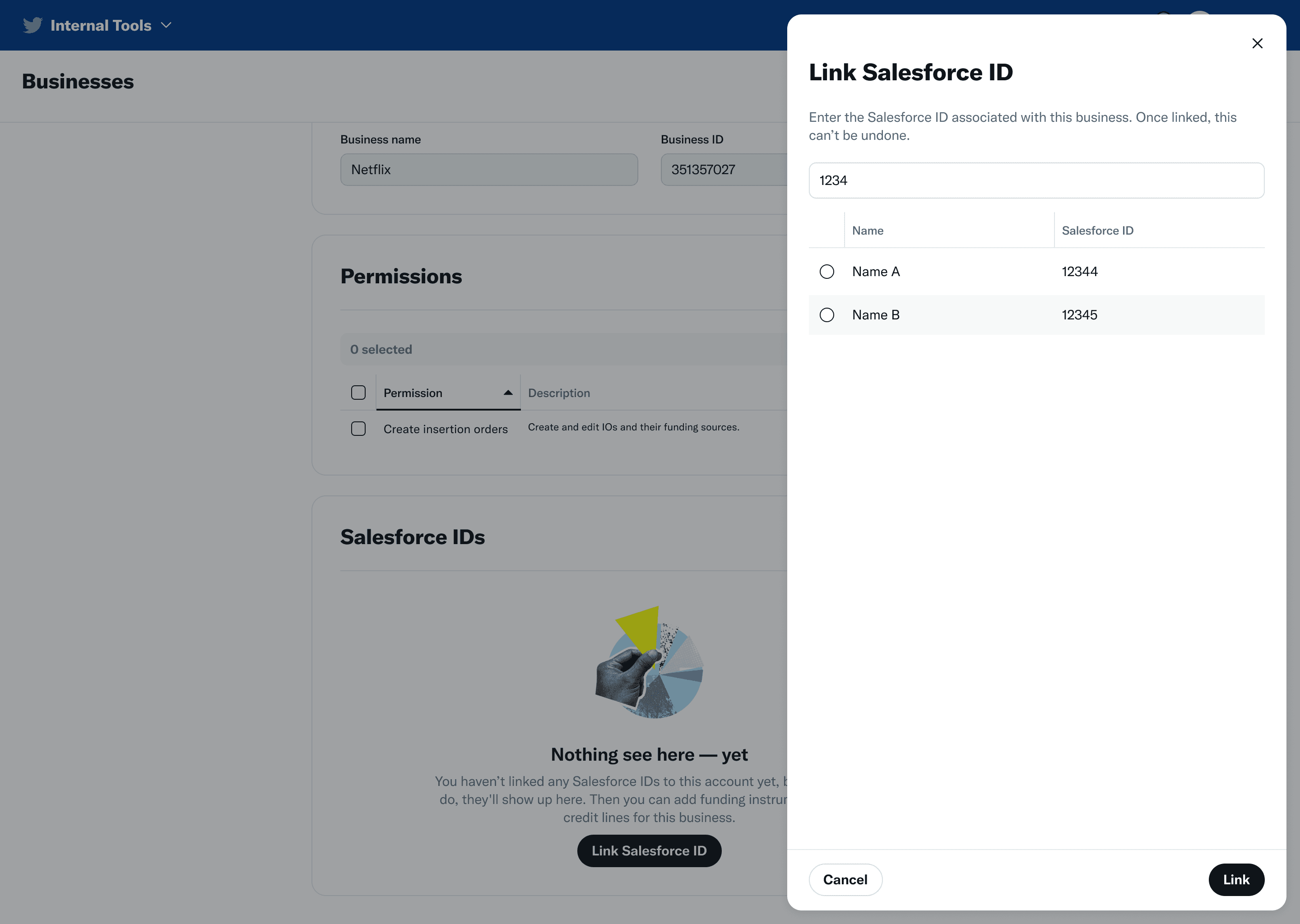 Continuation of the account linking prototype showing confirmation states and permission assignment after an account has been successfully linked
