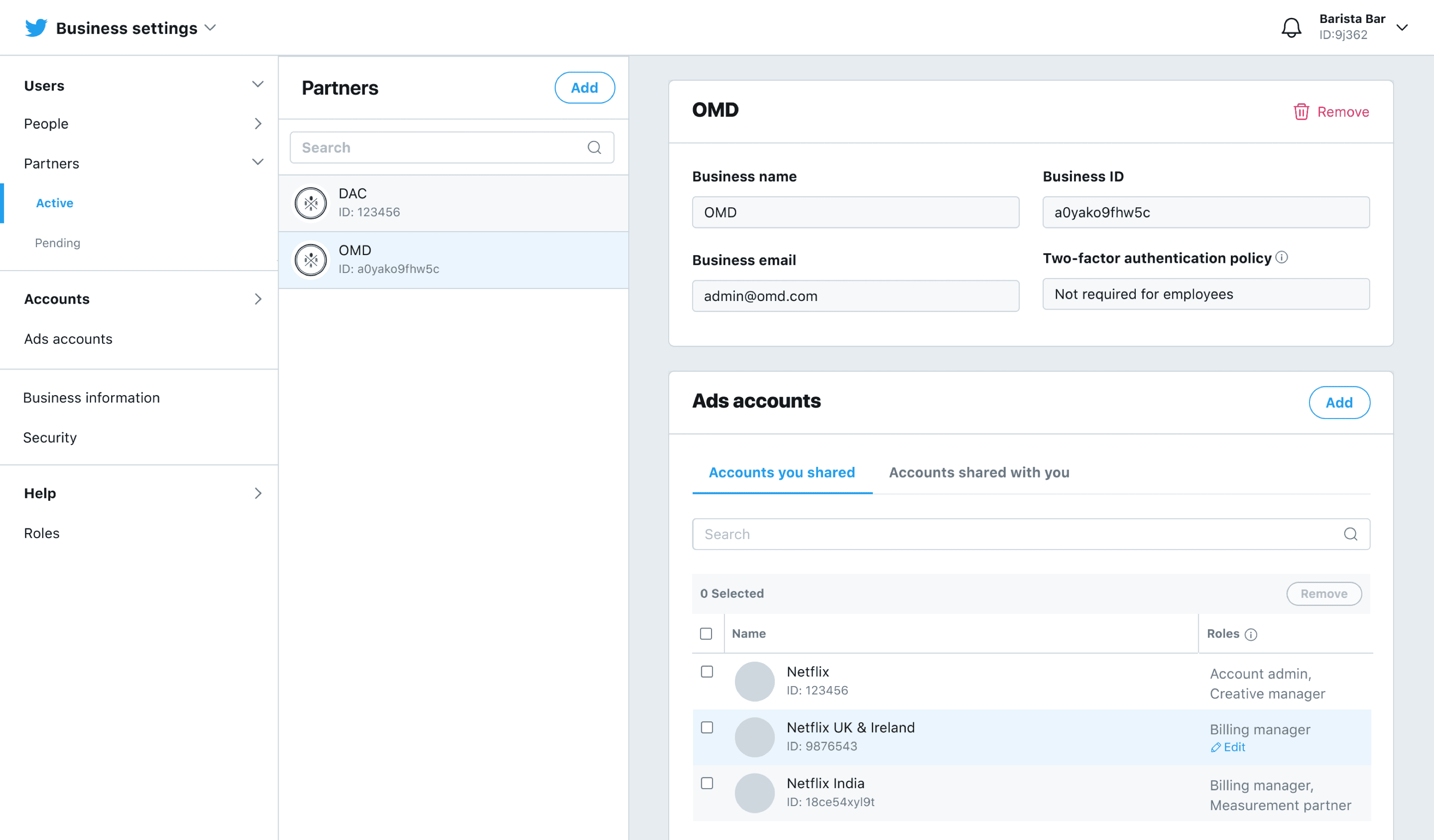 Screenshot of an interactive React prototype demonstrating the business permission model with a UI for managing people, accounts, and roles within a business hierarchy