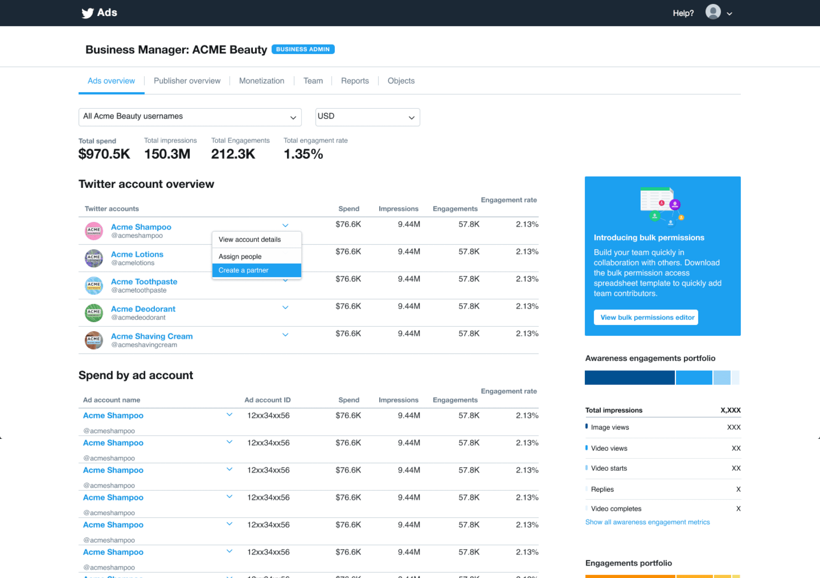 Screenshot of the original Twitter Business Manager interface showing a centralized account management view attempting to associate multiple accounts under a single business entity