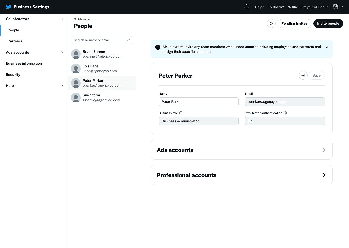 Business Settings showing the People section with collaborator management, a product with no direct path back to Ads Manager.