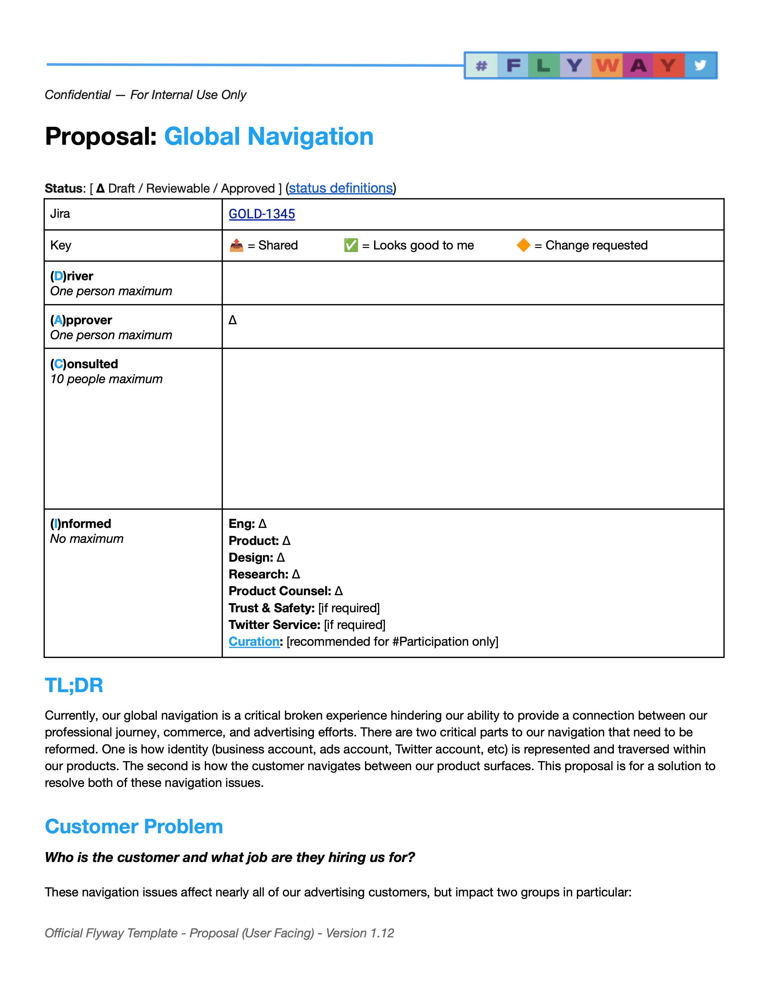 The initial product proposal covering problem framing, customer evidence, competitive analysis, and the full set of navigation scenarios that needed to work.
