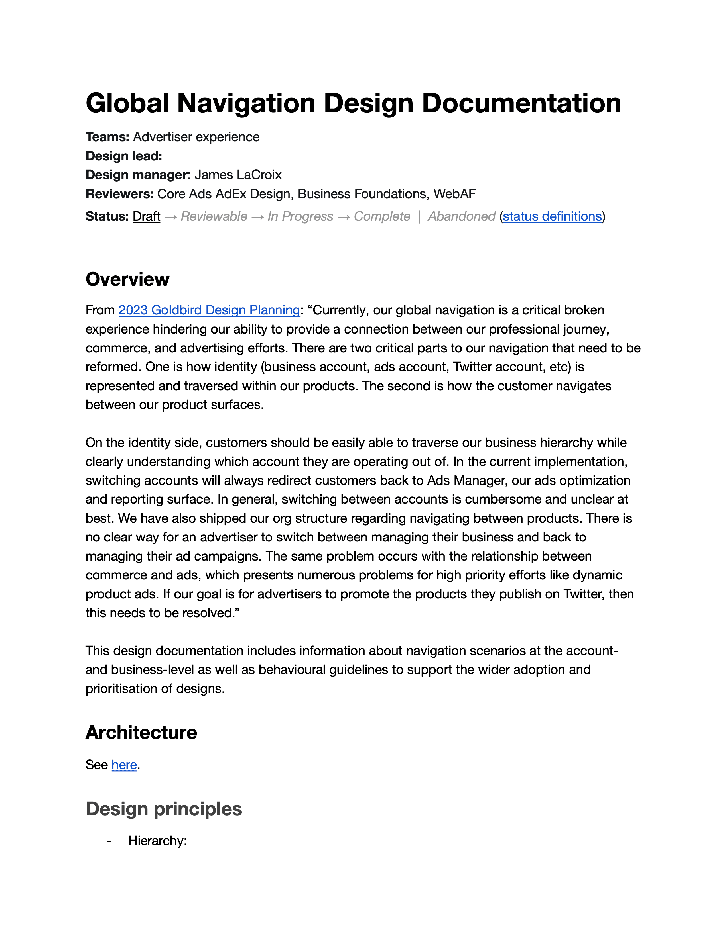 The interaction model documentation detailing behavioral guidelines, architecture decisions, and state-preservation rules for transitions between product surfaces.