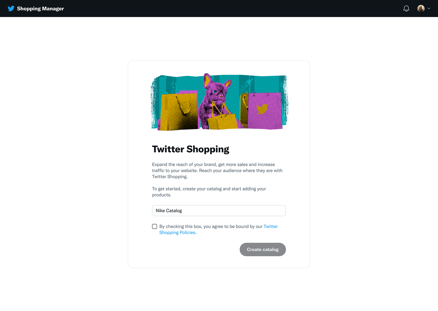 Shopping Manager's catalog creation screen, fully isolated from the rest of Twitter's professional product ecosystem.