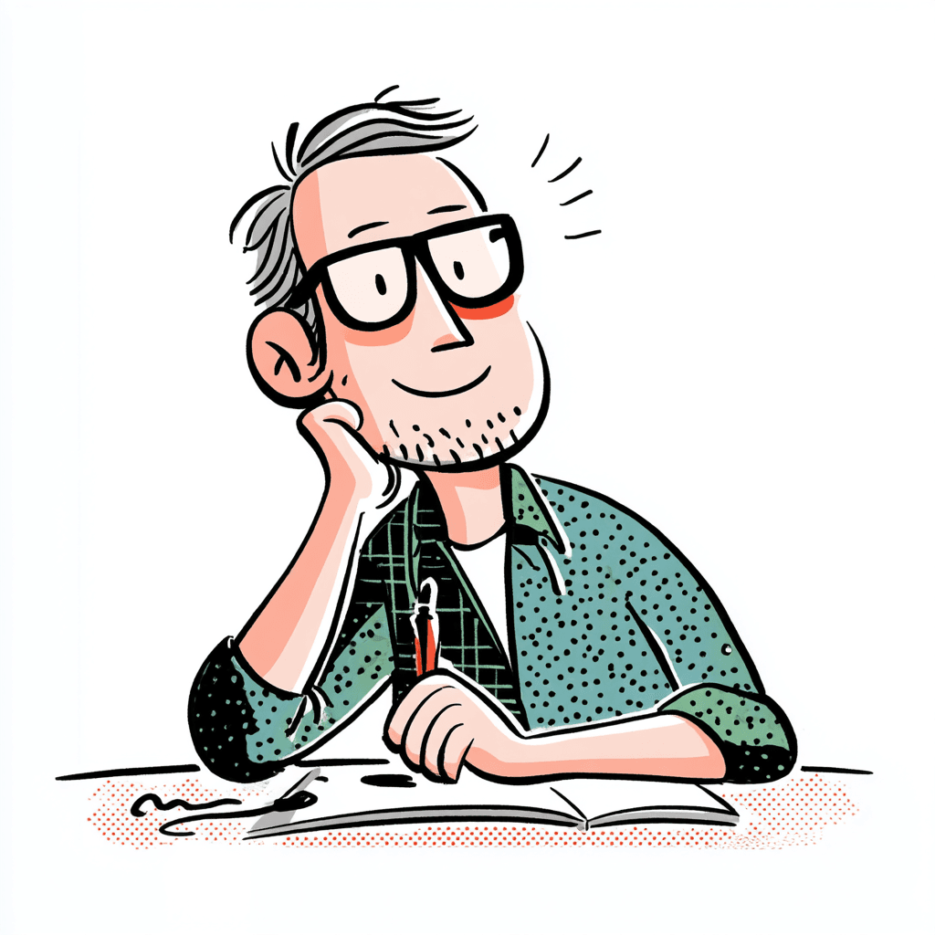 Illustration of a gray-haired man with glasses sitting at a desk, typing on a laptop with a coffee cup nearby