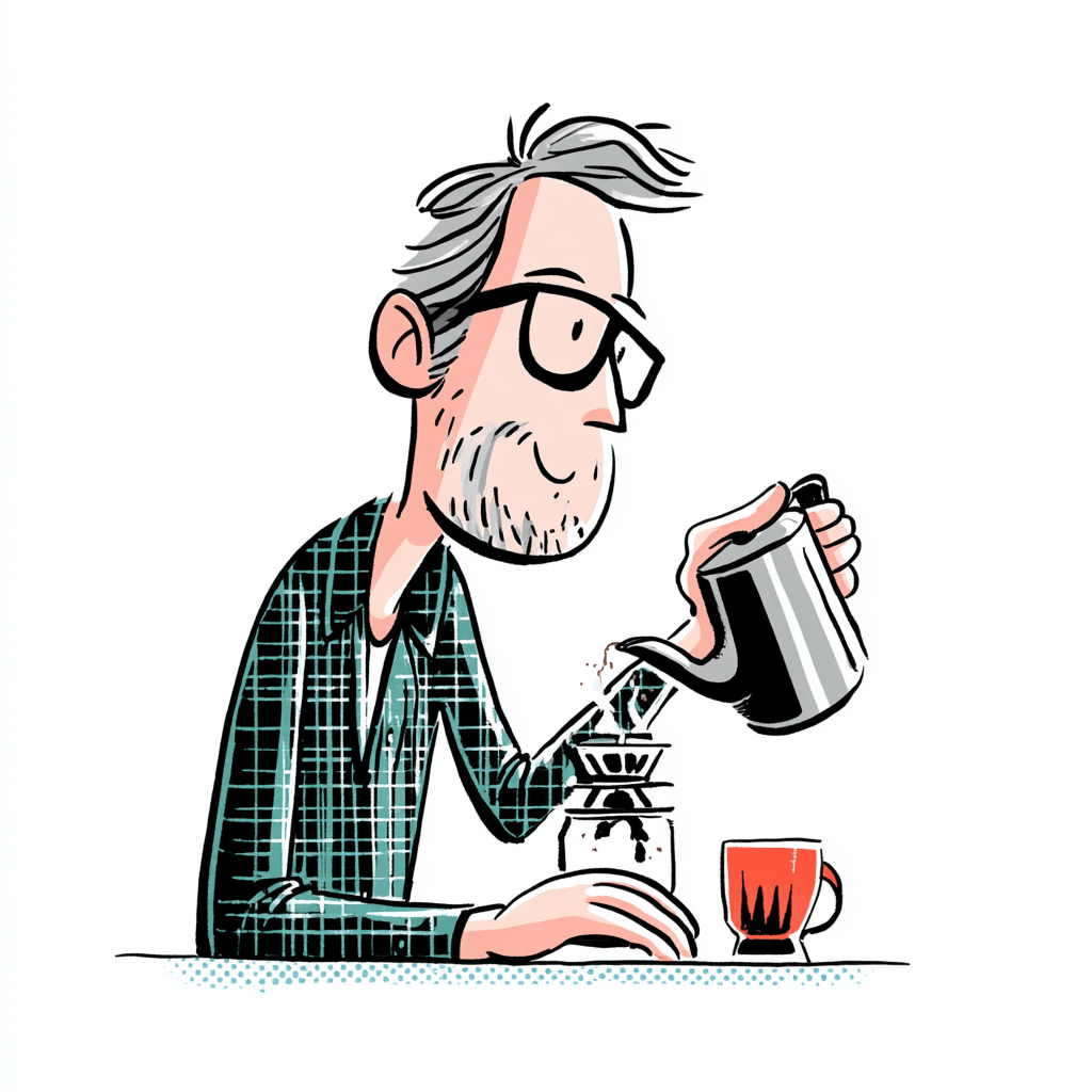 Illustration of a man in glasses carefully brewing pour-over coffee, focused on getting the details right