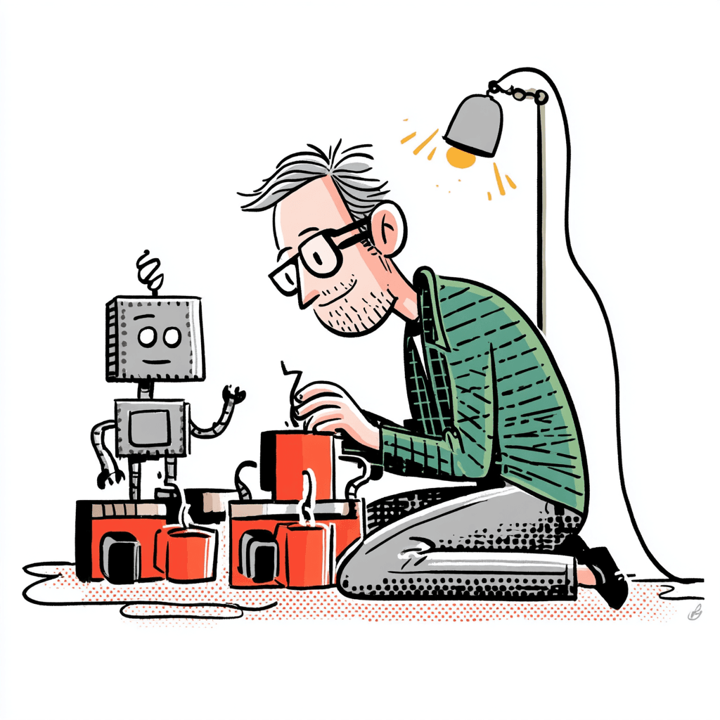 Illustration of a man in glasses working at a desk alongside a small friendly robot companion