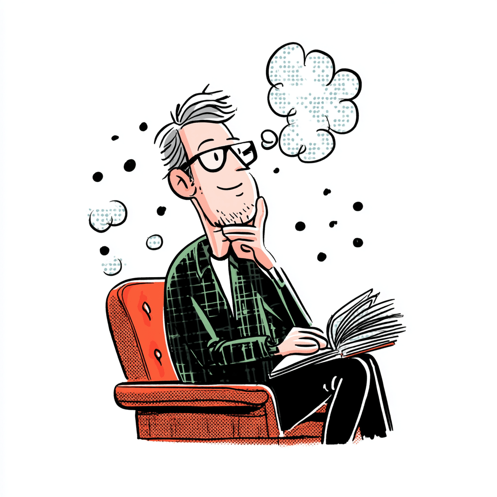 Illustration of a man in glasses and flannel sitting in a red armchair with a book, lost in thought